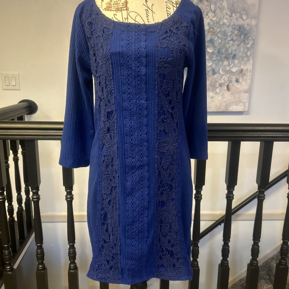 FREE PEOPLE BLUE KNIT‎ LACE DRESS SIZE L BACK CUTOUT 3/4 SLEEVES New With Tag